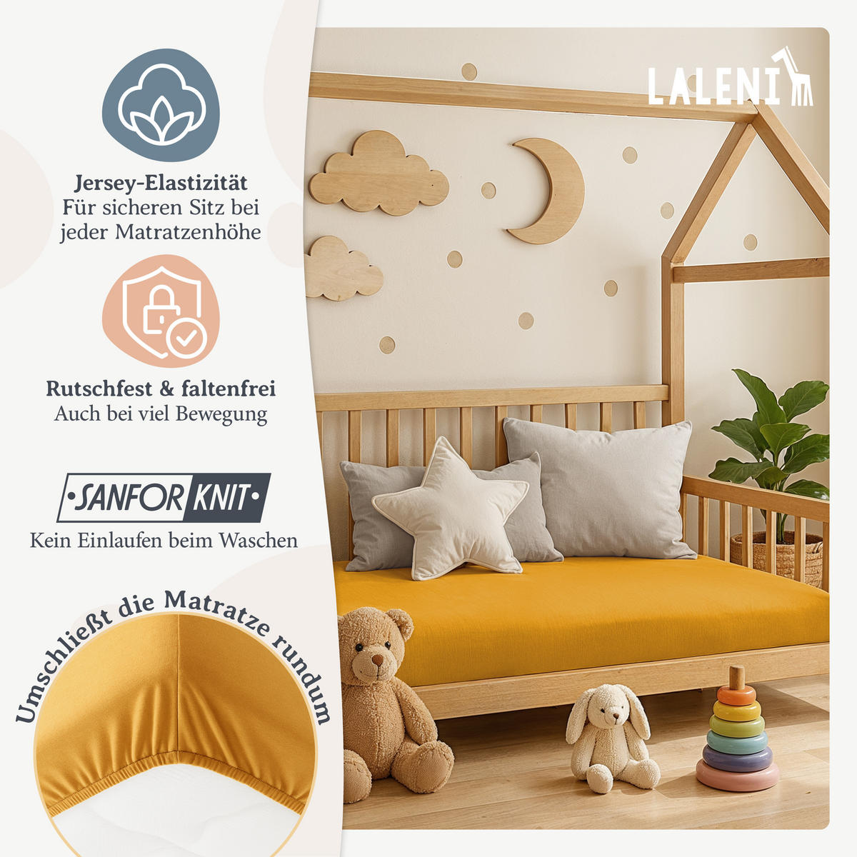 SPANNBETTLAKEN für Beistellbett & Stubenwagen – 100% Baumwolle, Atmungsaktiv & Weich, 100x115x10 cm, Gelb - Gelb, Textil (100/115cm) - Laleni