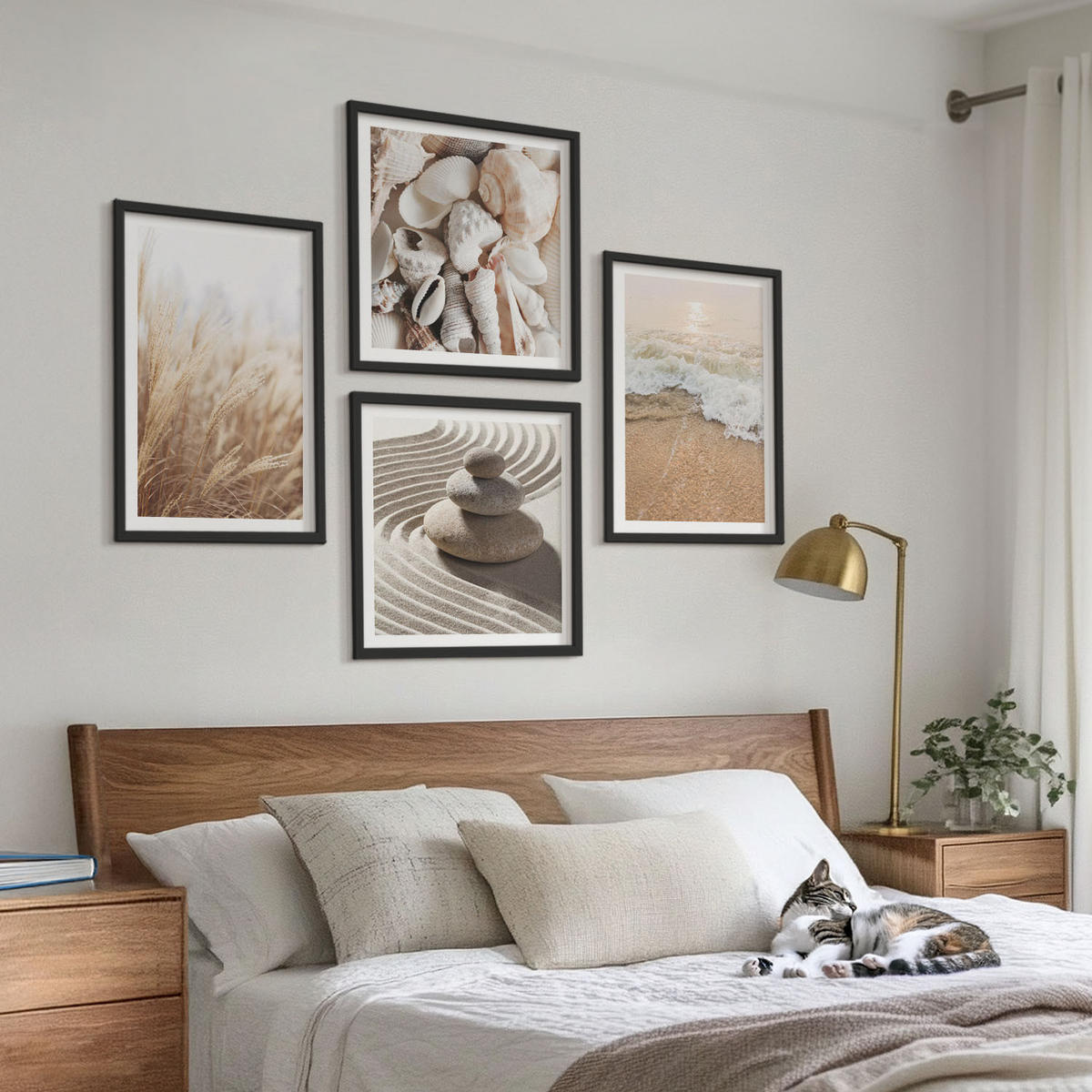 WANDBILDER 4er-Set - 50x50 cm & 40x60 cm Schwarzer Rahmen - Strandmotive, Muscheln, Wellen - Schwarz, Kunststoff (50/50cm) - ArtPrintCave