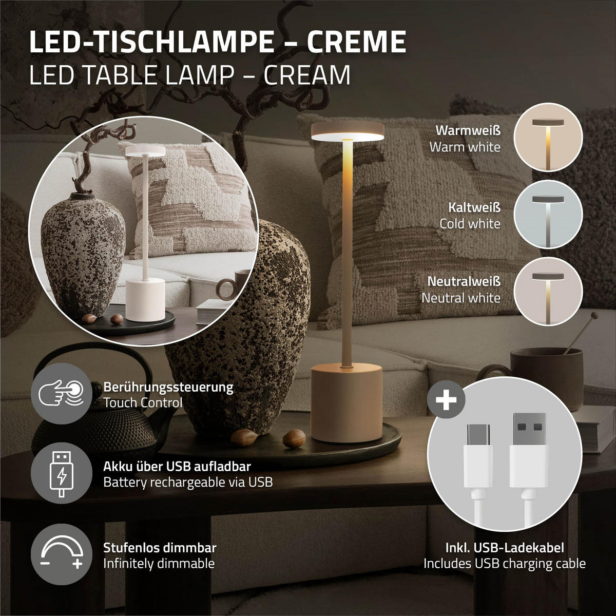 LED TISCHLAMPE kabellos Touch Creme Ø8x34,5cm 3 Lichtfarben Dimmbar - Creme, Kunststoff (8/8/34.5cm) - ML-DESIGN