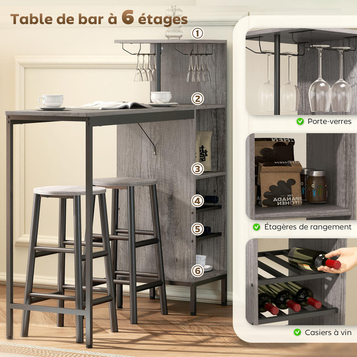 BARTISCH-SET DE-14784 mit Weinregal & Glashaltern für 2 Hocker Naturholz - Naturfarben, Holzwerkstoff (121.5/40/122cm) - ComfortXL