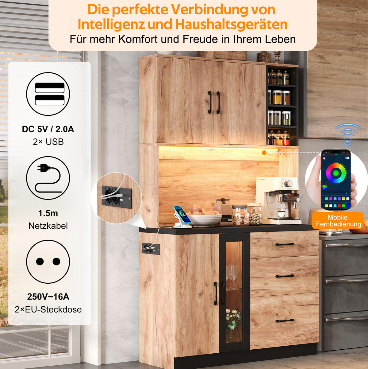 BUFFET aus MDF 105x40x180 cm Neutral mit LED-Beleuchtung, verstellbaren Einlegeböden und Steckdosenleiste - Naturfarben, Holzwerkstoff (105/180/40cm) - Modfu