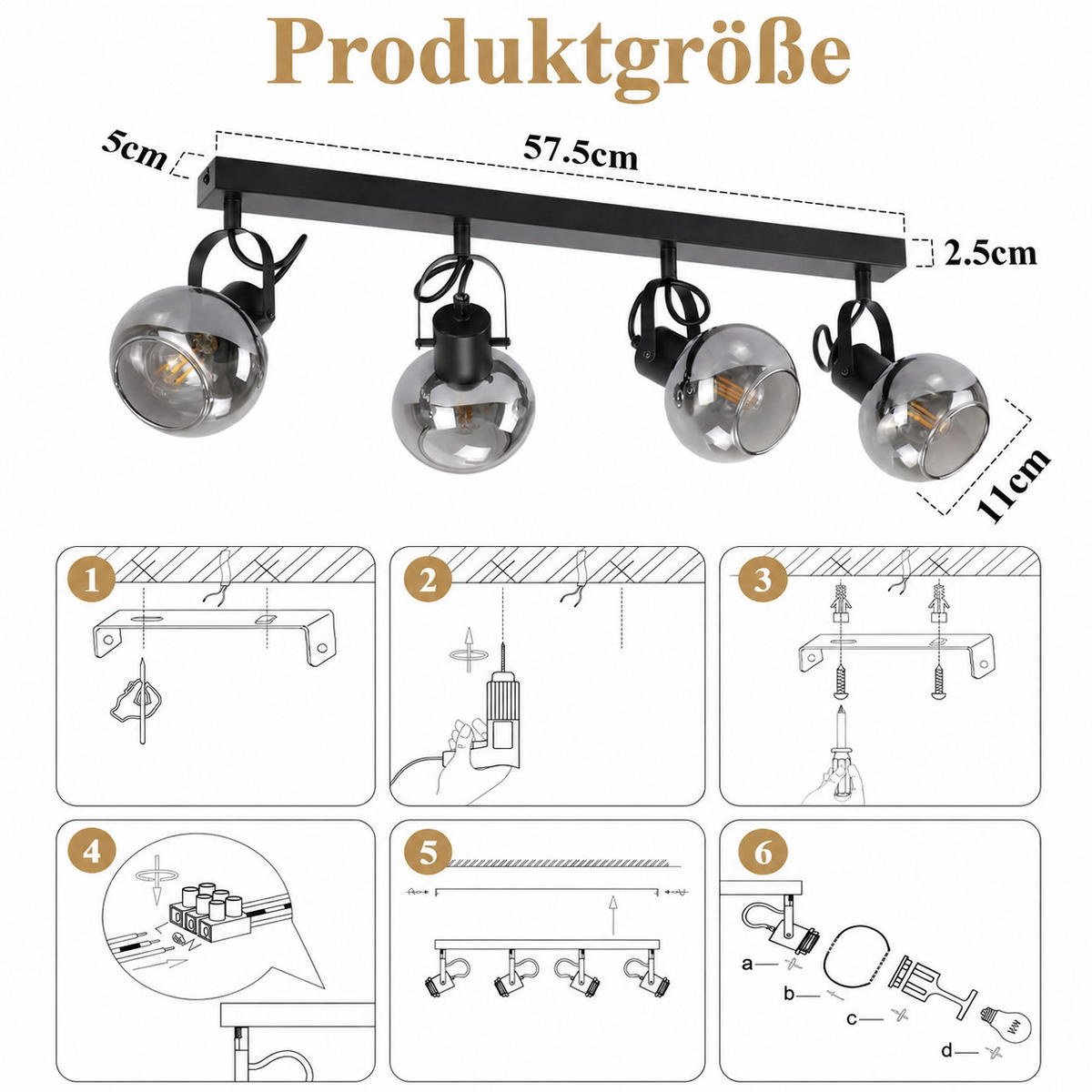DECKENSTRAHLER Krelvan 57.5/11/17 cm - Schwarz, Glas/Metall (57.5/11/17cm) - ZMH