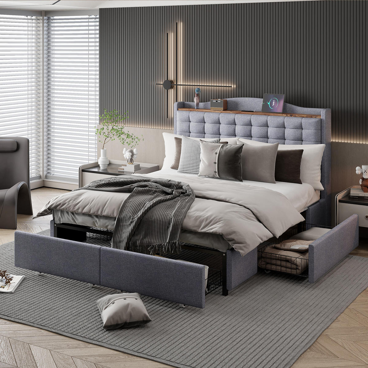 POLSTERBETT 140/200 cm grau mit Nachttisch und USB-Ladeanschluss - Grau, Textil (140/200cm) - OKWISH