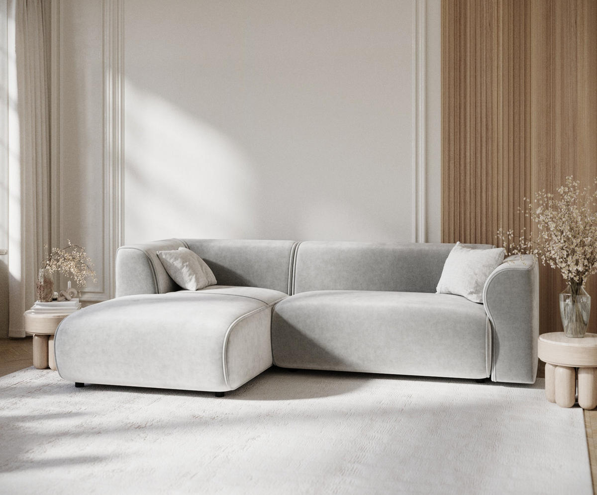ECKSOFA Melani Hellgrau Samtstoff - Hellgrau/Schwarz, Holz/Holzwerkstoff (253/153cm) - Maison de Reve