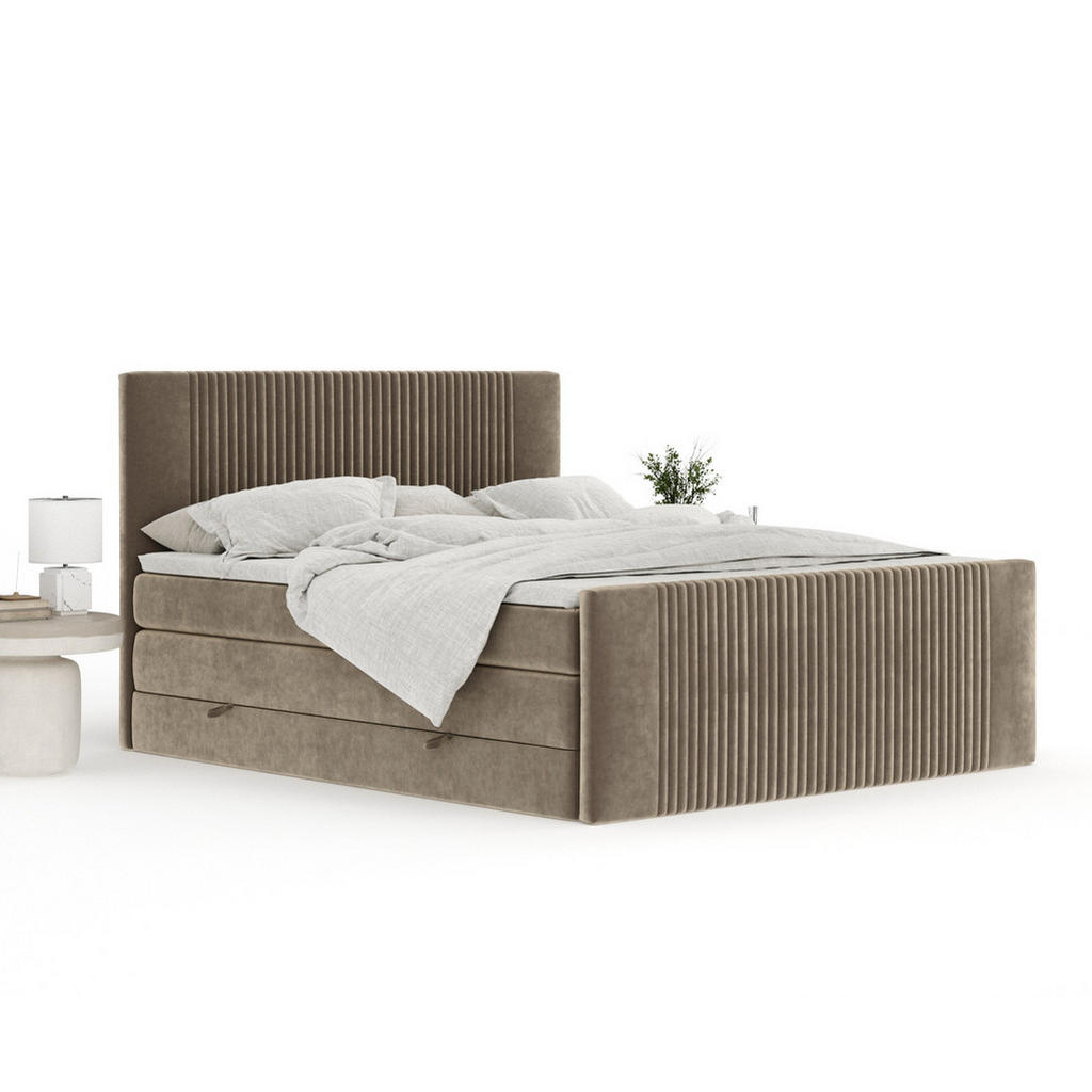 Thumbnail - Maison de Reve Boxspringbett, Taupe, Textil, Buche, Kiefer, H3 + H4, 7-Zonen, Höhe ca. 40 cm, 140x200 cm, Handmade in Eu...
