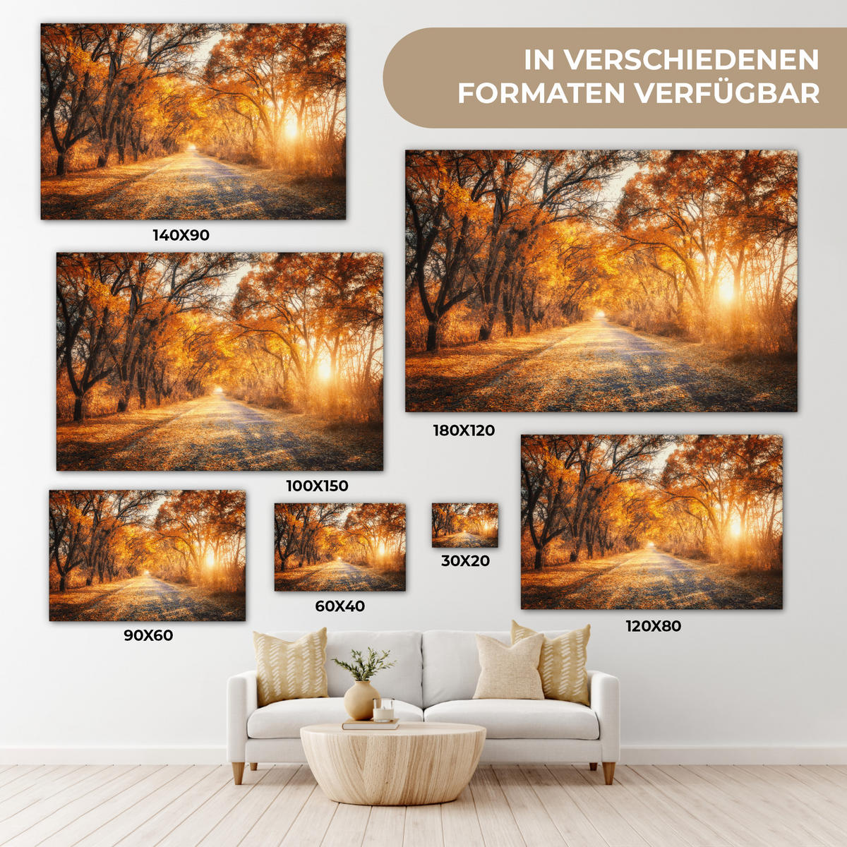 LEINWANDBILD Wald - Herbst - Bäume - Waldweg - Natur Groß 140x90 cm - Bernsteinfarben, Textil (140/90cm) - MuchoWow