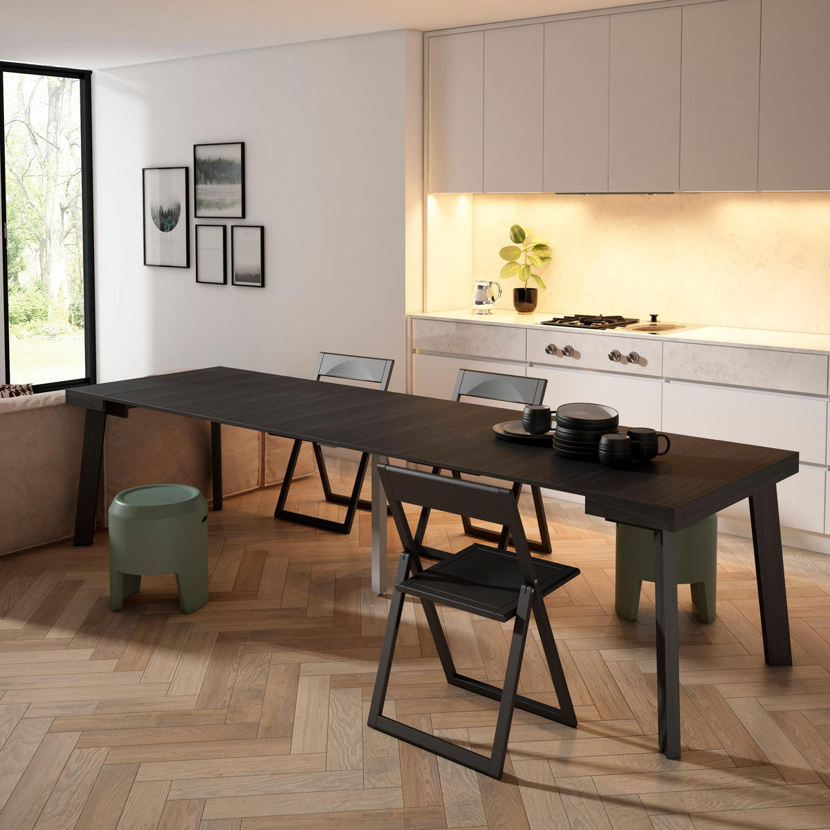 KONSOLENTISCH ausziehbar 58 bis 302cm, für 14 Gäste, schwarz, 90/58/73cm - Schwarz, Holzwerkstoff (90/302/73cm) - Skraut Home