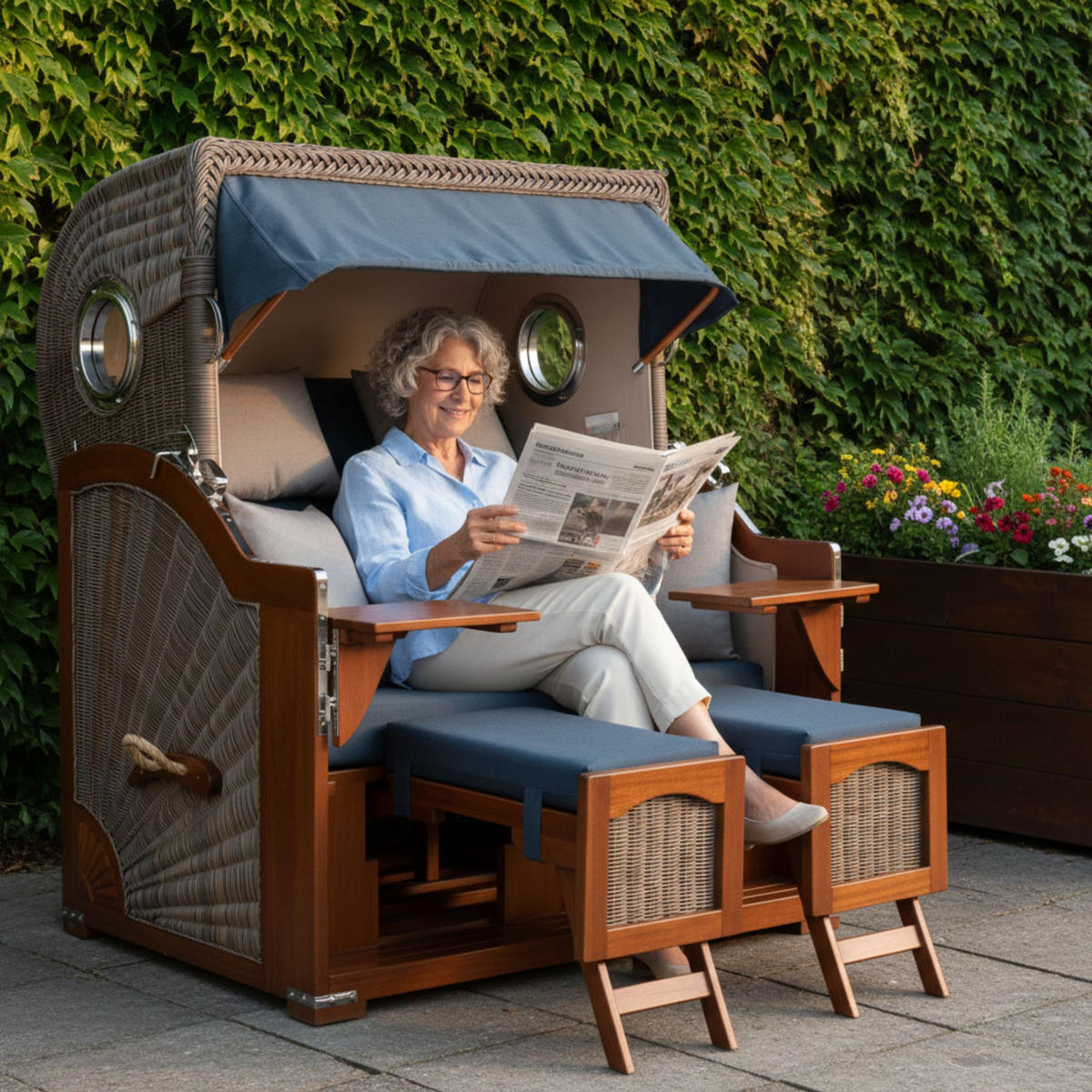 STRANDKORB XXL Düne Grande 2,5 Sitzer - Blau/Braun, Metall (142/170/95cm) - Mr. Deko