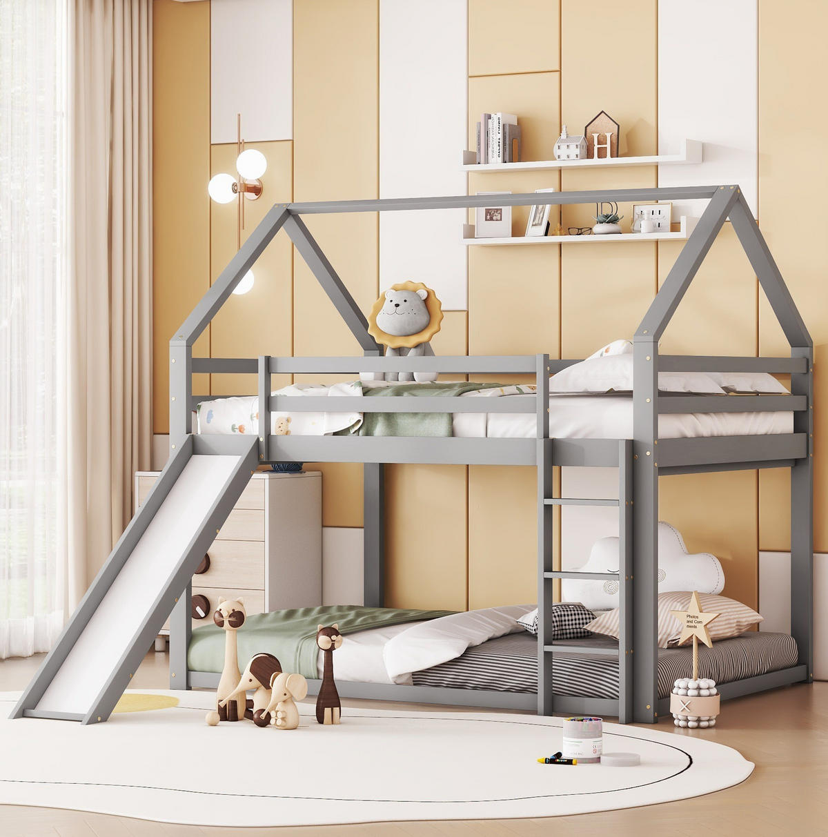 ETAGENBETT 140/200 cm in Grau mit Rutsche und Leiter - Grau, Holz (140/200cm) - OKMYHOME