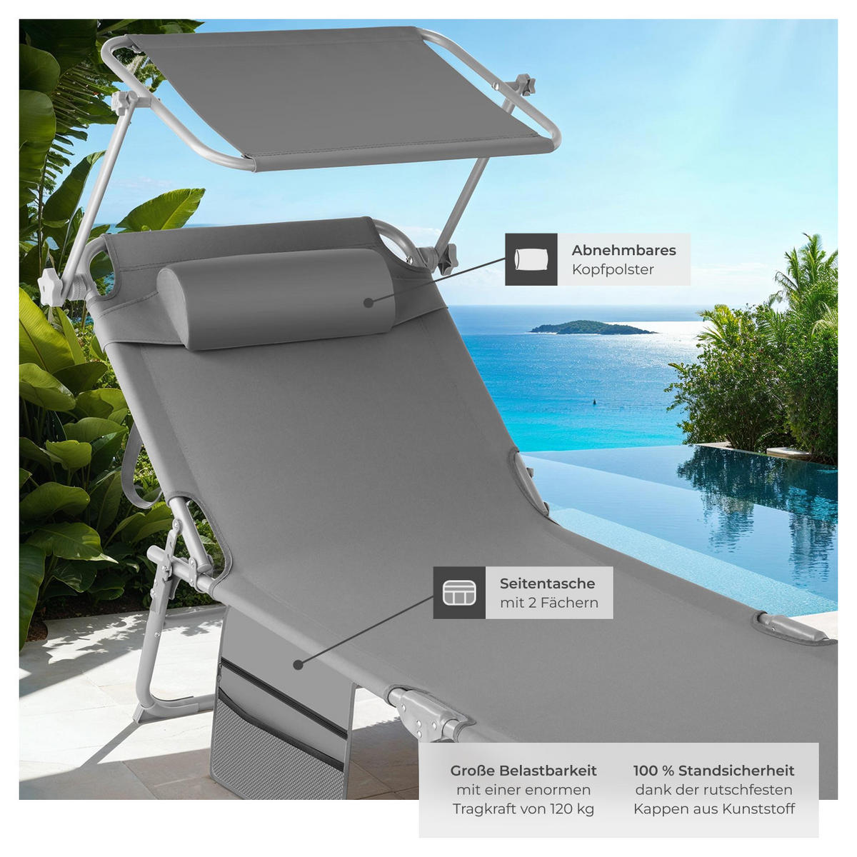 SONNENLIEGE 2er Set Chloé,190 x 68 x 28 cm, mit Seitentasche,grau - Grau, Kunststoff (68/111/161cm) - tectake