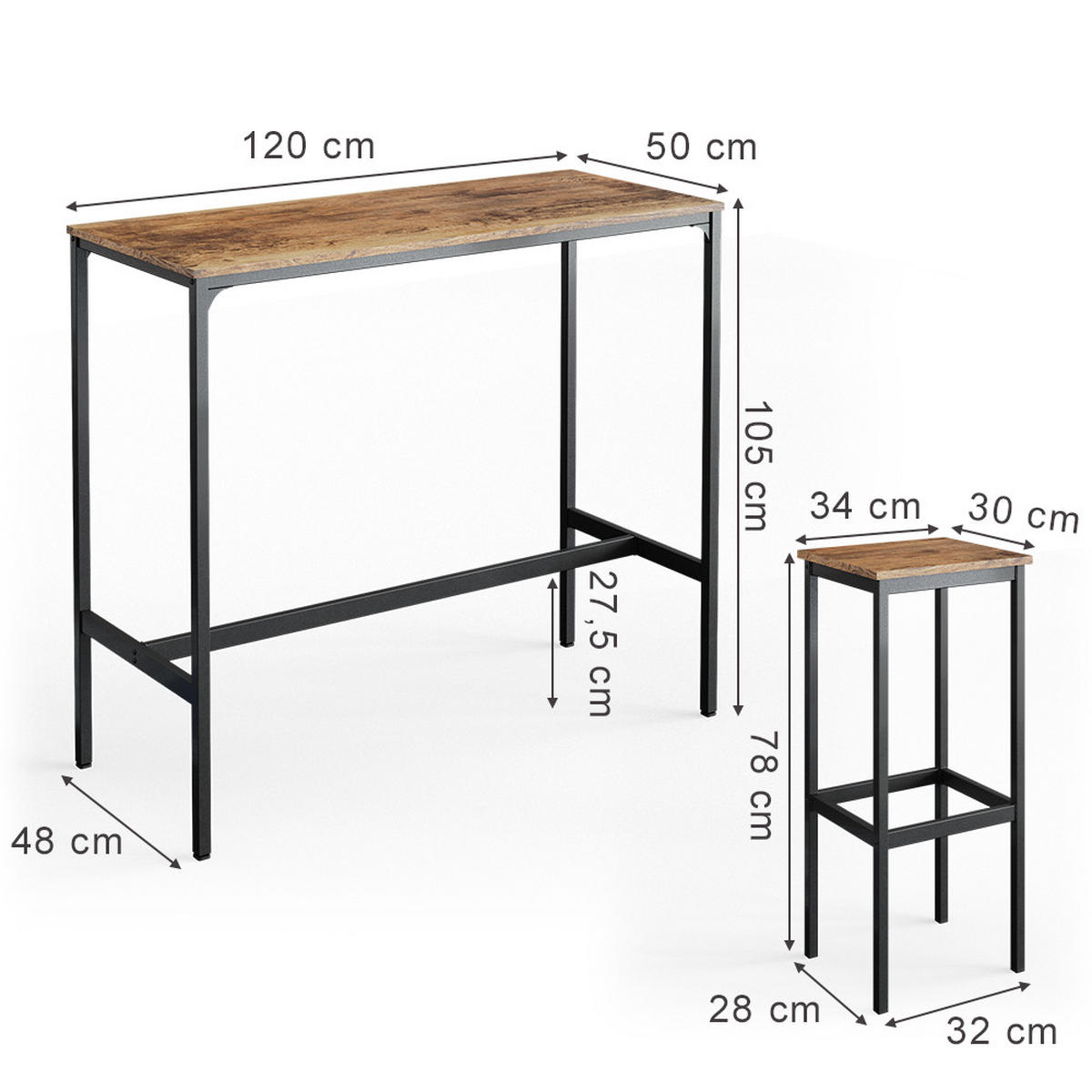 BARTISCH-SET Fyrk Antikholz 120 x 50 cm mit 2 Barhockern - Eichefarben/Schwarz, Holzwerkstoff (120/105/50cm) - Vicco