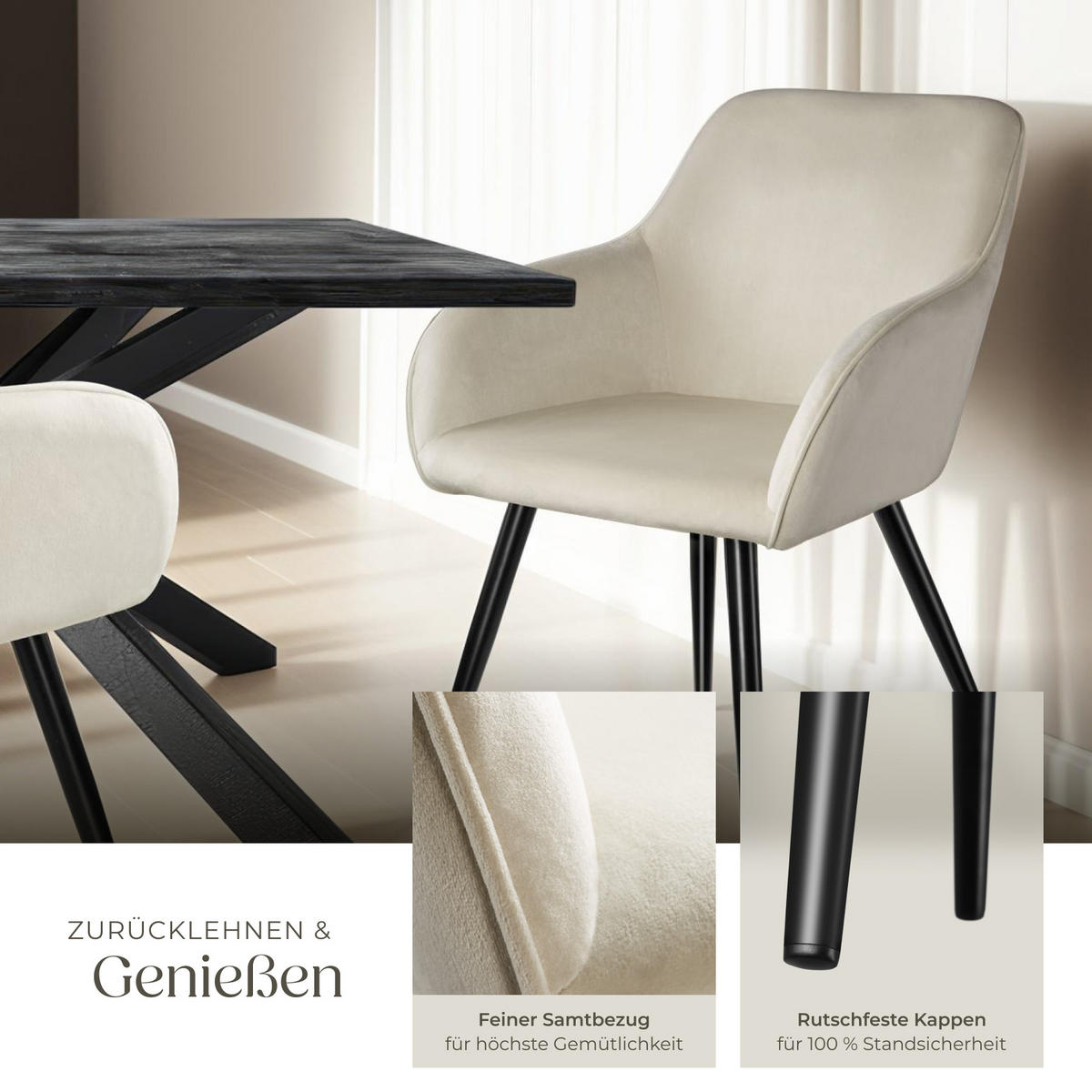ESSZIMMERSTUHL 8er Set Marilyn 58 x 62 x 82 cm creme/schwarz - Creme/Schwarz, Textil (58/82/62cm) - tectake