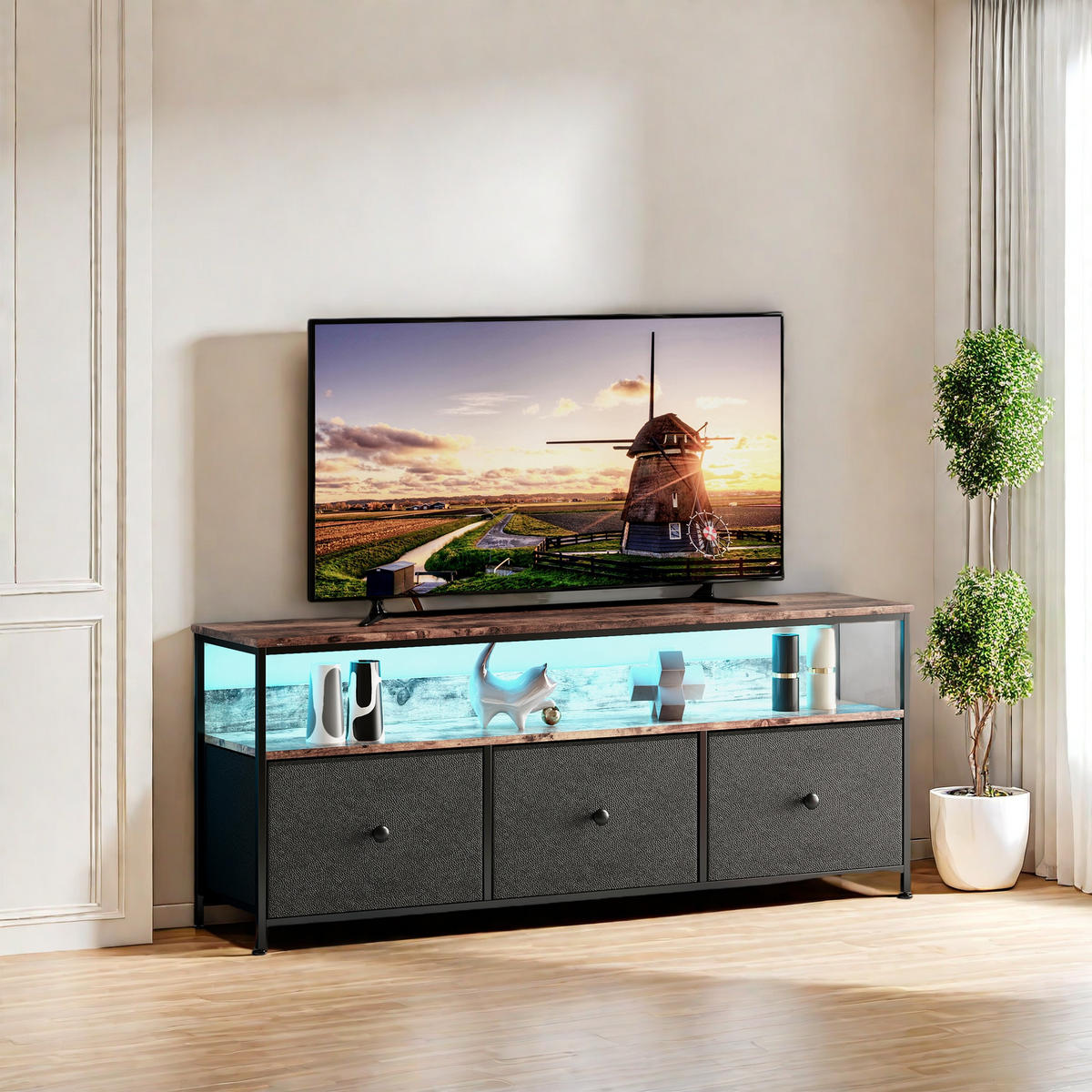 LOWBOARD, TV Schrank mit LED 137x30x57 cm, mit 3 Stoffschubladen und offenen Fächern - Schwarz, Holz (29.8/57/137cm) - WoodenAura