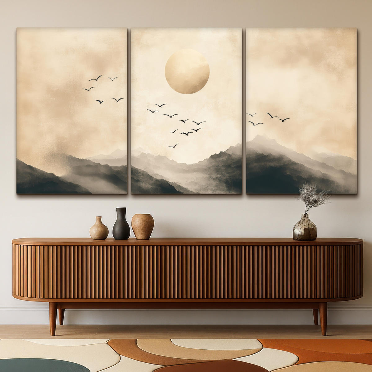 LEINWANDBILD 3er Set Landschaft - Japandi - Beige - Vögel 240x120 cm - Beige, Textil (240/120cm) - MuchoWow