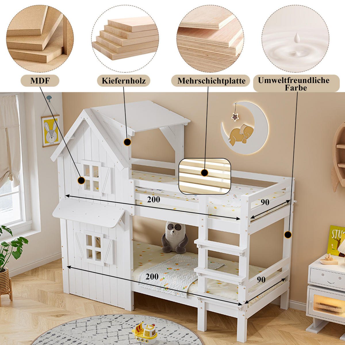 ETAGENBETT 90/200 cm, Weiß mit Dach, Fenstern und Sicherheitsgeländer - Weiß, Holzwerkstoff (90/200cm) - MIVRAY