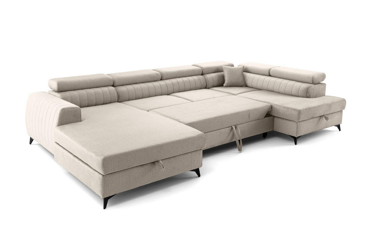 ECKSOFA U-Form PIERO U Rechts mit Schlaffunktion 125x260 Velours Creme - Creme/Schwarz, Holz/Textil (203/90/350cm) - Muffo