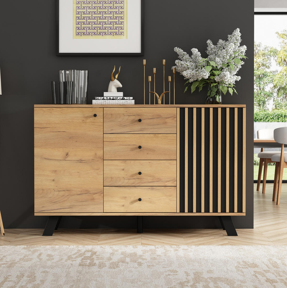 SIDEBOARD aus MDF 120x38x75 cm Schwarz/Natur mit 4 Schubladen, 2 Schränken und Massivholzbeinen - Schwarz, Holzwerkstoff (120/75/38cm) - Modfu