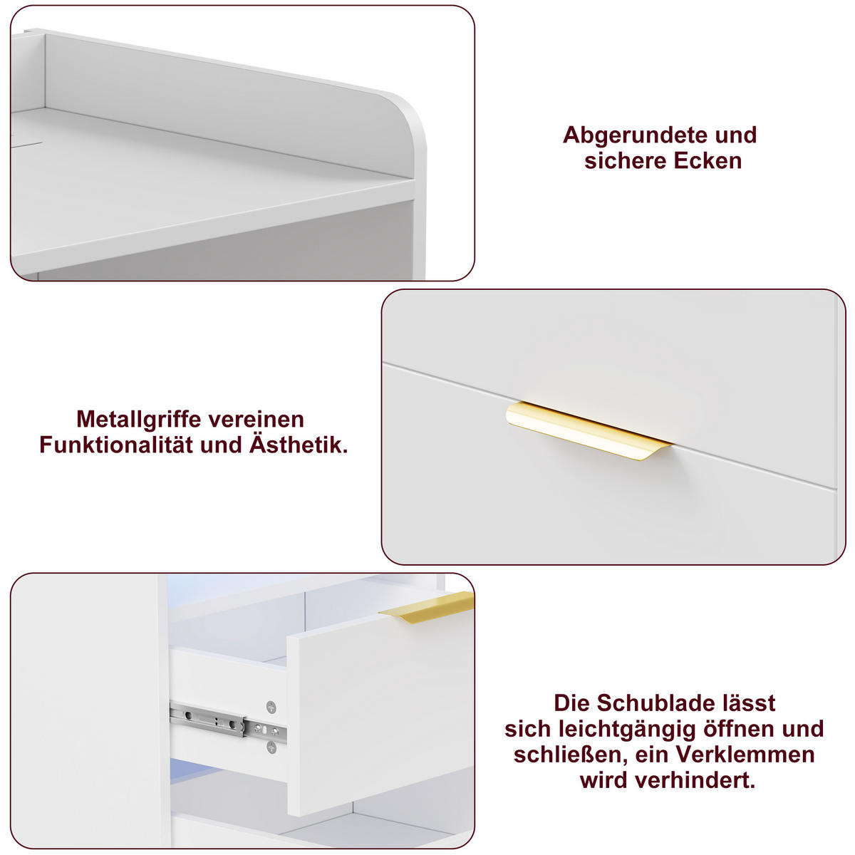 NACHTTISCH Weiß mit 2 Schubladen, Bettseittisch mit LED-Beleuchtung und Ladeanschlüssen, 40/40/60 cm - Goldfarben/Weiß, Holz/Metall (40/60/40cm) - BPKADHY