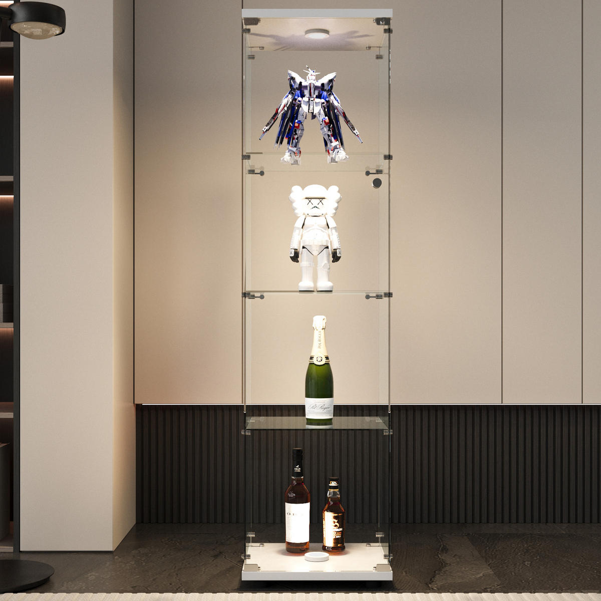 GLASVITRINE mit 4 Einlegeböden, verstellbare LED-Leuchten, Einzeltür mit Sicherheitsschloss, Weiß - Weiß, Glas (36.5/164/42.5cm) - BRILVERDE