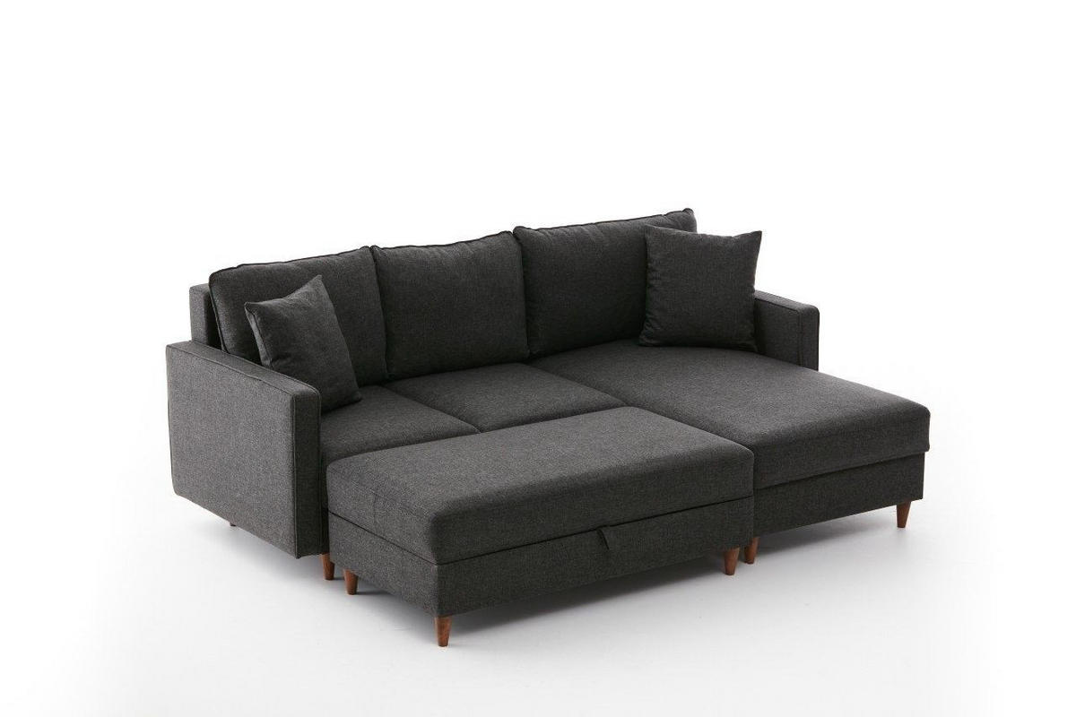 ECKSOFA mit Hocker, Schlaffläche - Anthrazit/Walnussfarben, Holz/Kunststoff (155/210cm) - myHomelando