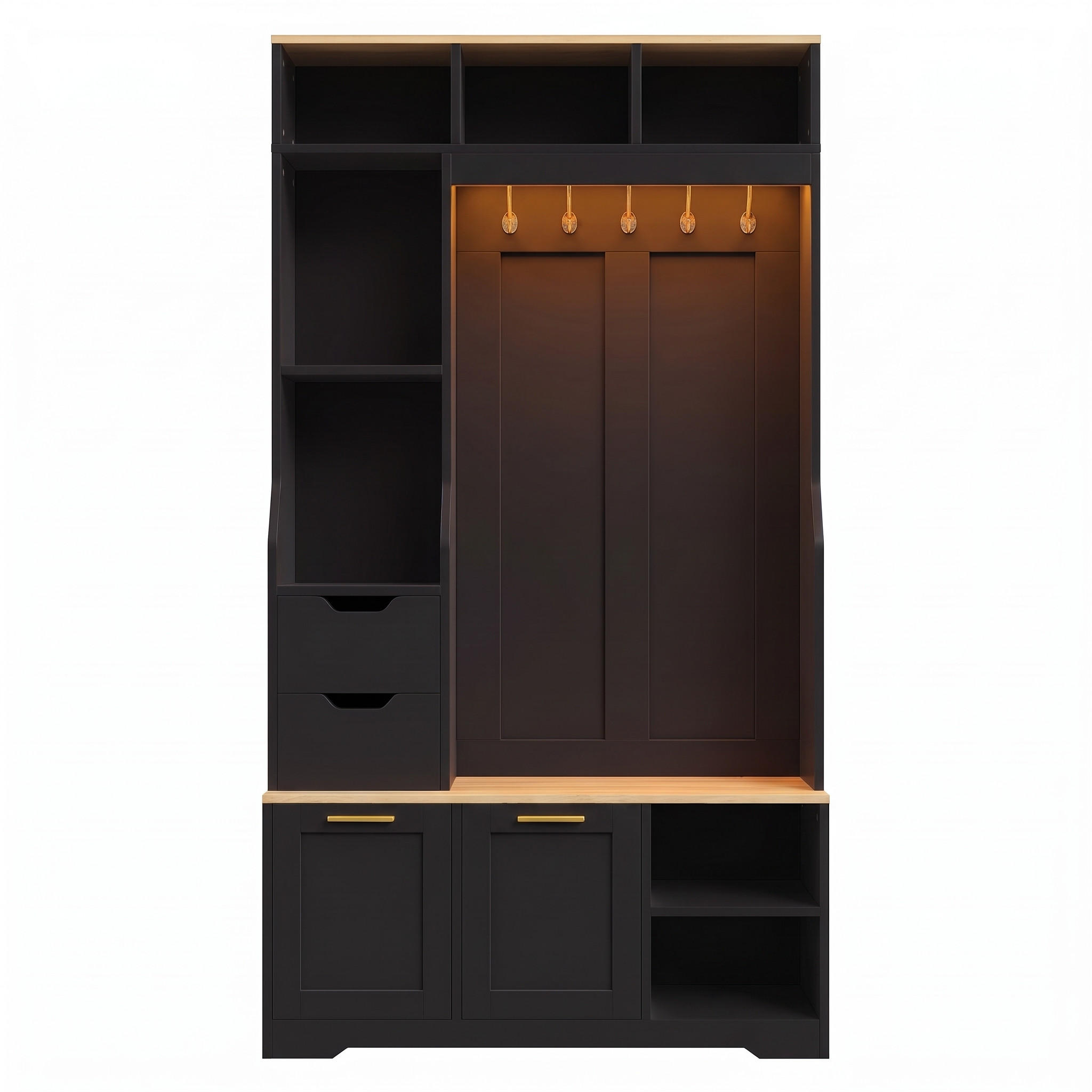 KOMPAKTGARDEROBE Schwarz Flurschrank mit Sitzbank, Schuhschrank & LED Licht - Schwarz, Holzwerkstoff (100/186/32cm) - Urban Meuble