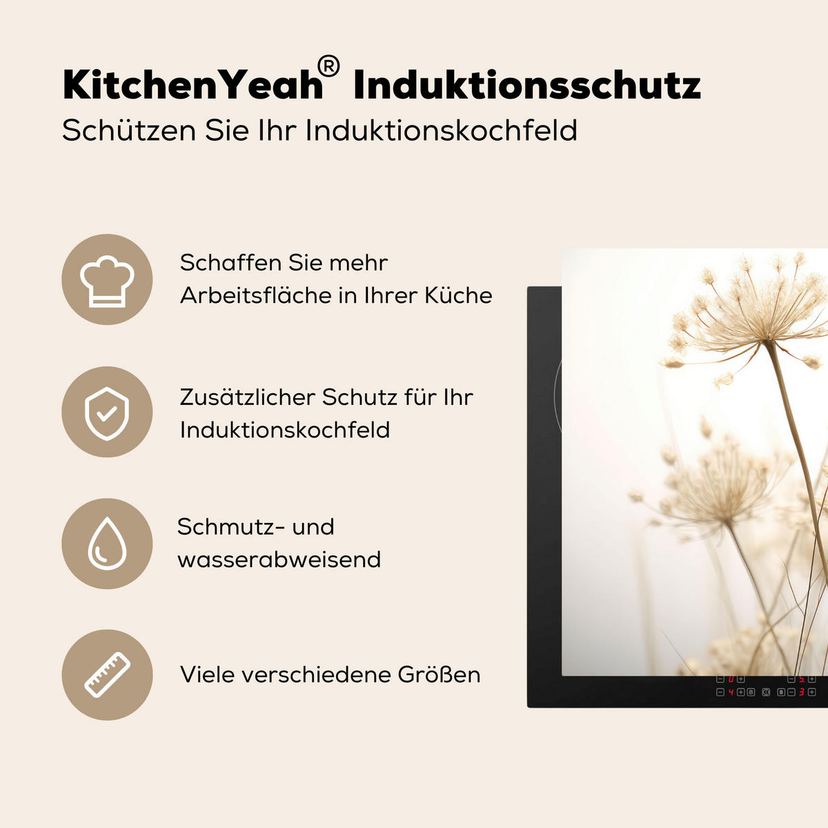 HERDABDECKPLATTE Blumen - Weiß - Sonnenlicht 77x51 cm - Ecru, Kunststoff (77/51/0.2cm) - MuchoWow