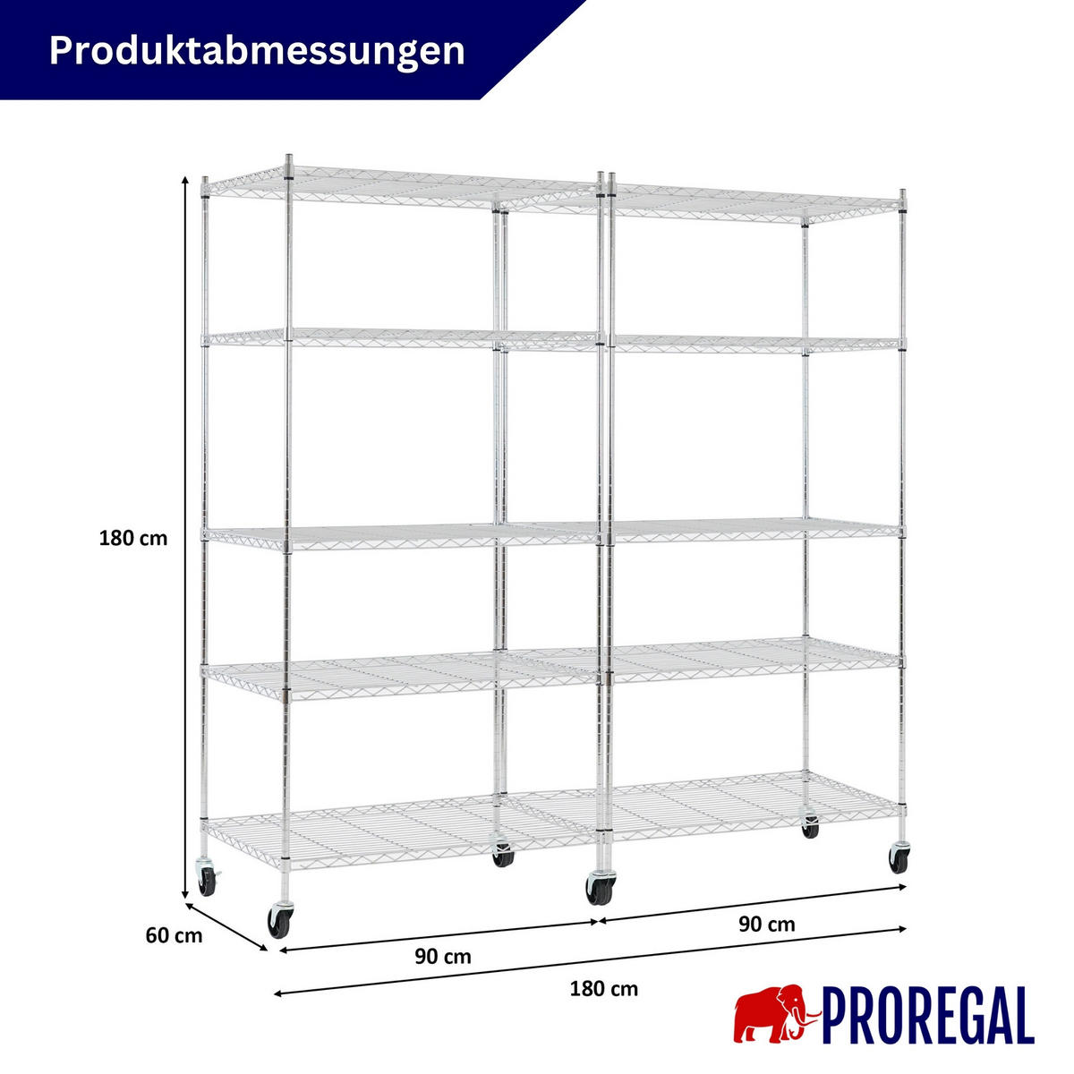 GITTERREGAL 2er - Set HADES mit Rollen & 5 Gitterböden Metall 180x90x60cm Silber - Silberfarben, Metall (90/180/60cm) - PROREGAL