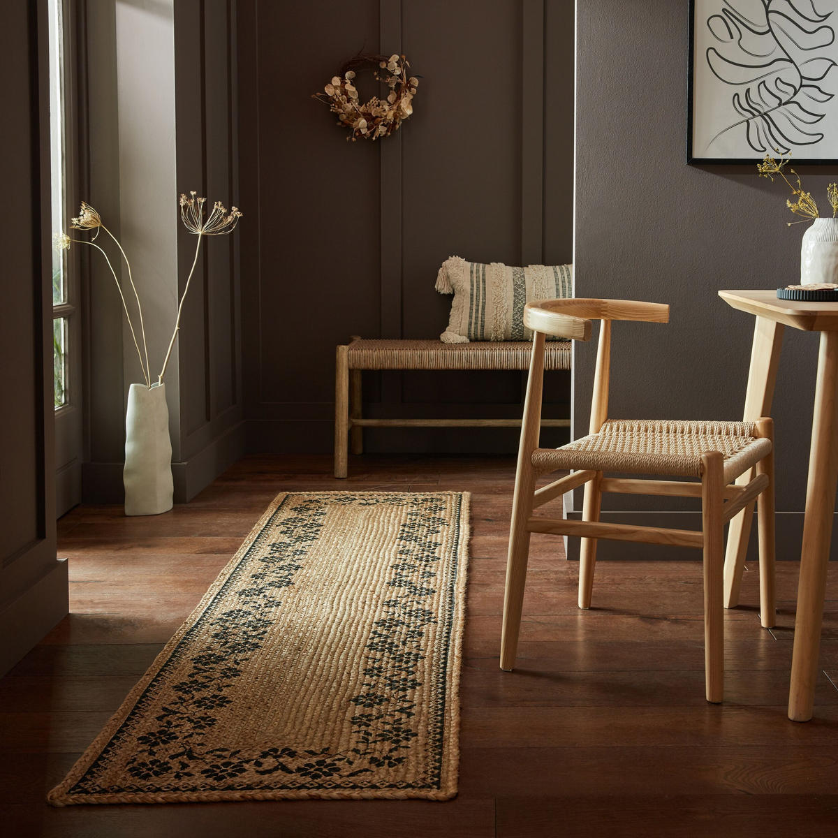 TEPPICH Jute Floral-Design, handgefertigt NEATH MARK, Braun-Schwarz 60x230 cm - Braun, Naturmaterialien (60/230cm) - KADIMA DESIGN