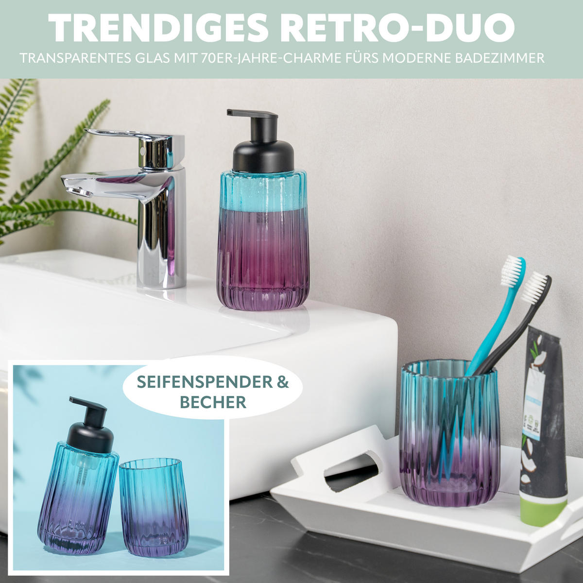 BADEZIMMERSET 2TLG., Seifenspender u. Zahnputzbecher, Glas, blauviolett - Blau/Lila, Glas (8/17/8cm) - bremermann