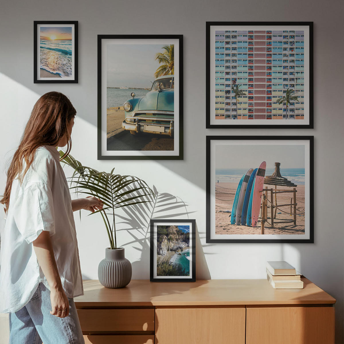 BILDER SET 5er Set - 50x50 cm & 20x30 cm & 40x60 cm Schwarzer Rahmen - Sonnenuntergang in Miami - Schwarz, Kunststoff (40/60cm) - TULUP