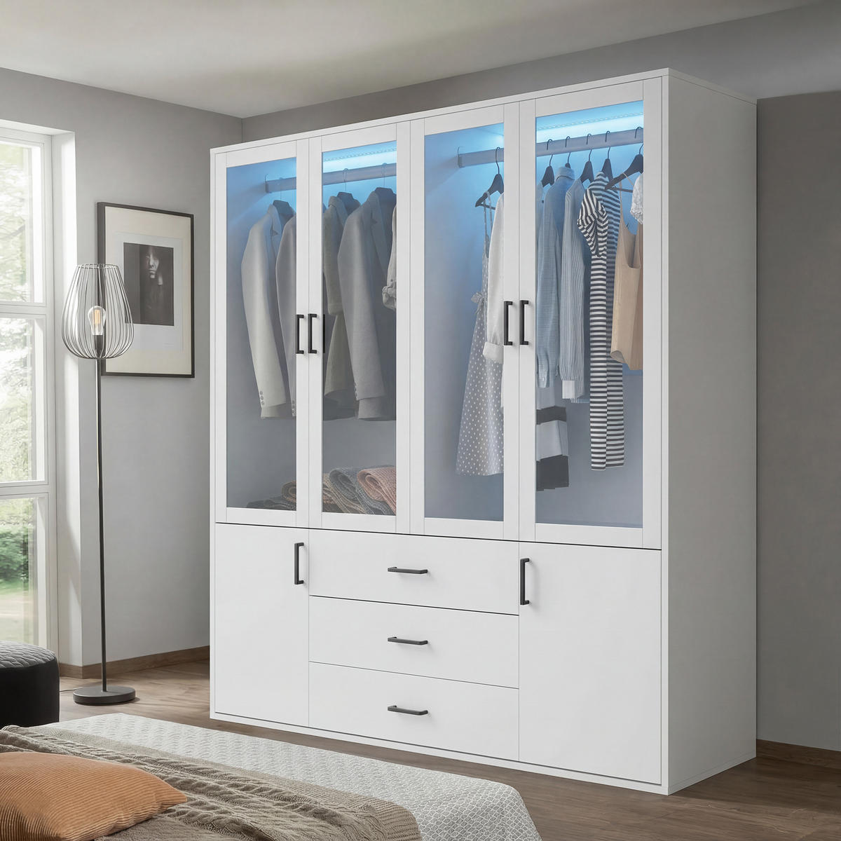 KLEIDERSCHRANK 4-türig Weiß mit Glastüren & LED-Licht - Weiß, Holzwerkstoff (51.8/182/160cm) - SHOPENTRA