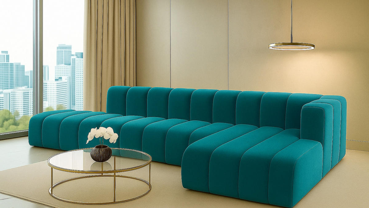 ECKSOFA Mit Hocker GRAND L, Stoff Salvador, Azurblau, Rechts - Blau, Holz (386/179cm) - Kaiser Möbel