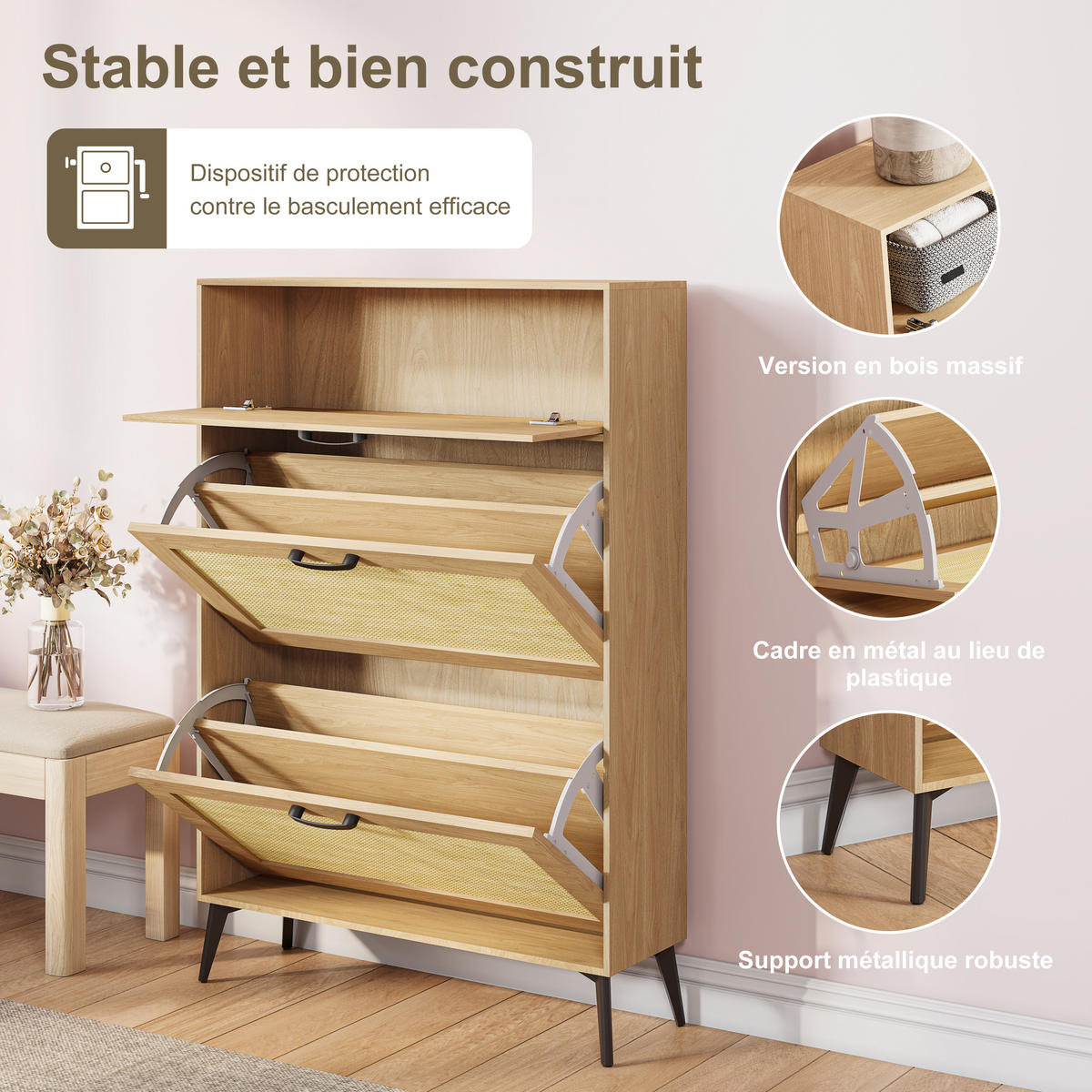 SCHUHSCHRANK Rattan Holz 80x23x114 cm Stauraum - Naturfarben, Holz (24/114/80cm) - LEBENLANG