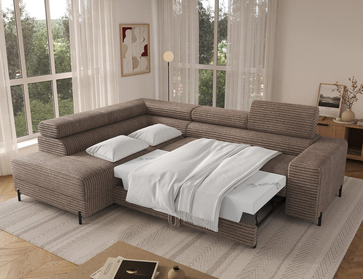 ECKSOFA COLESIO L-Form, Schlaffunktion, Bettkasten, verstellbare Kopfstützen, Wellenfederung, Metallfüße, breiter Cordstoff - Beige/Schwarz, Kunststoff/Metall (269/204cm) - Wohnideebilder