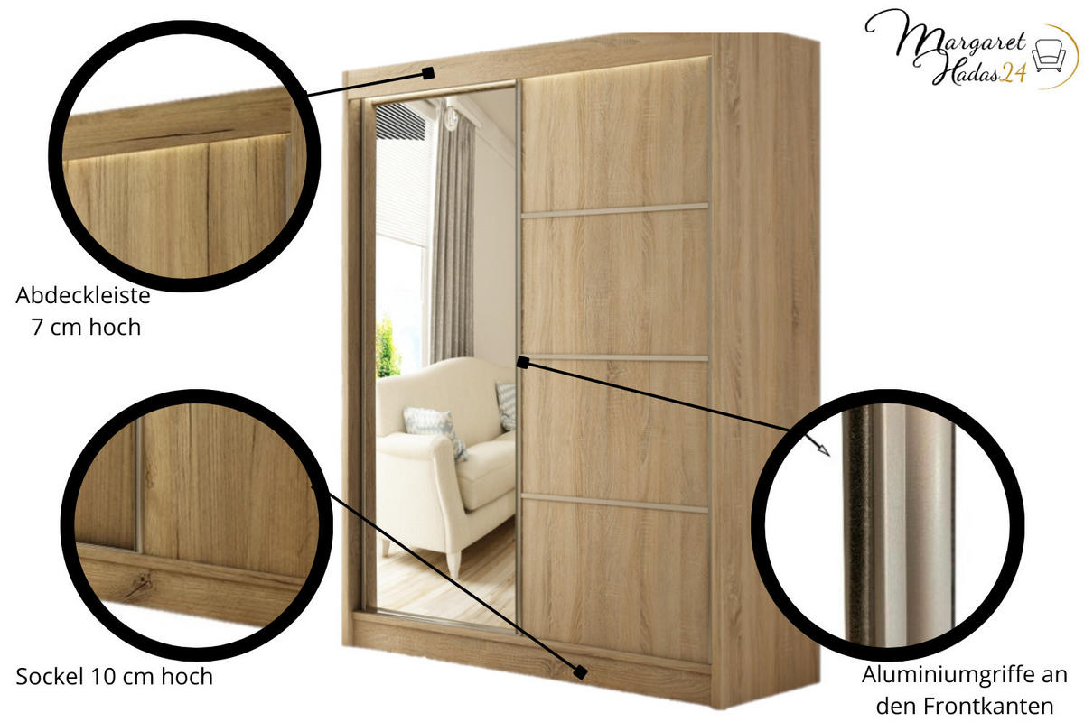 SCHWEBETÜRENSCHRANK Padwa 120 cm mit Spiegel 2-türig, Eiche sonoma - Sonoma Eiche, Kunststoff (120/215/61cm) - Margaret Hadas24