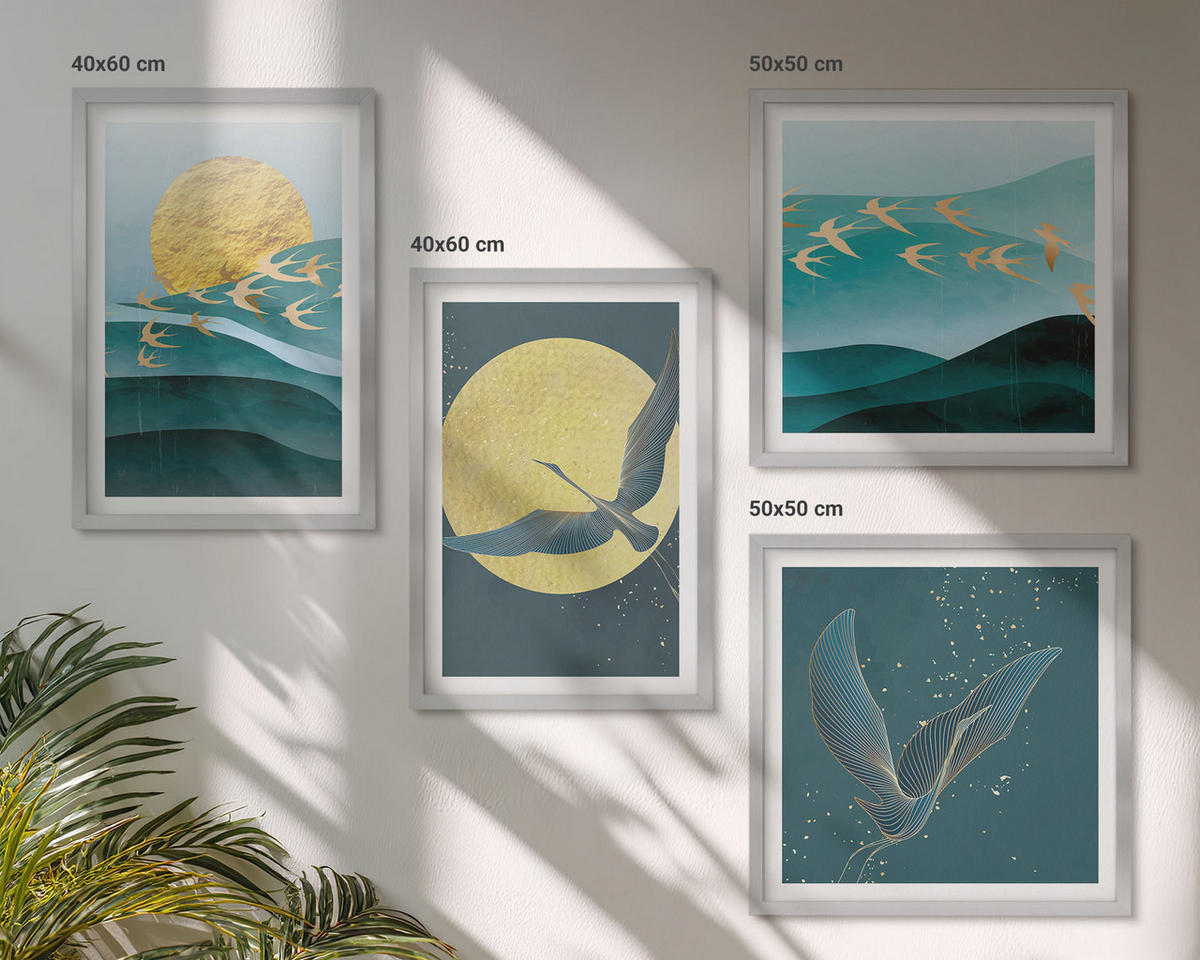 WANDBILDER 4er Set - 50x50 cm & 40x60 cm Silberner Rahmen - Stilvolle Landschaften mit Vögeln - Silberfarben, Kunststoff (50/50cm) - ArtPrintCave