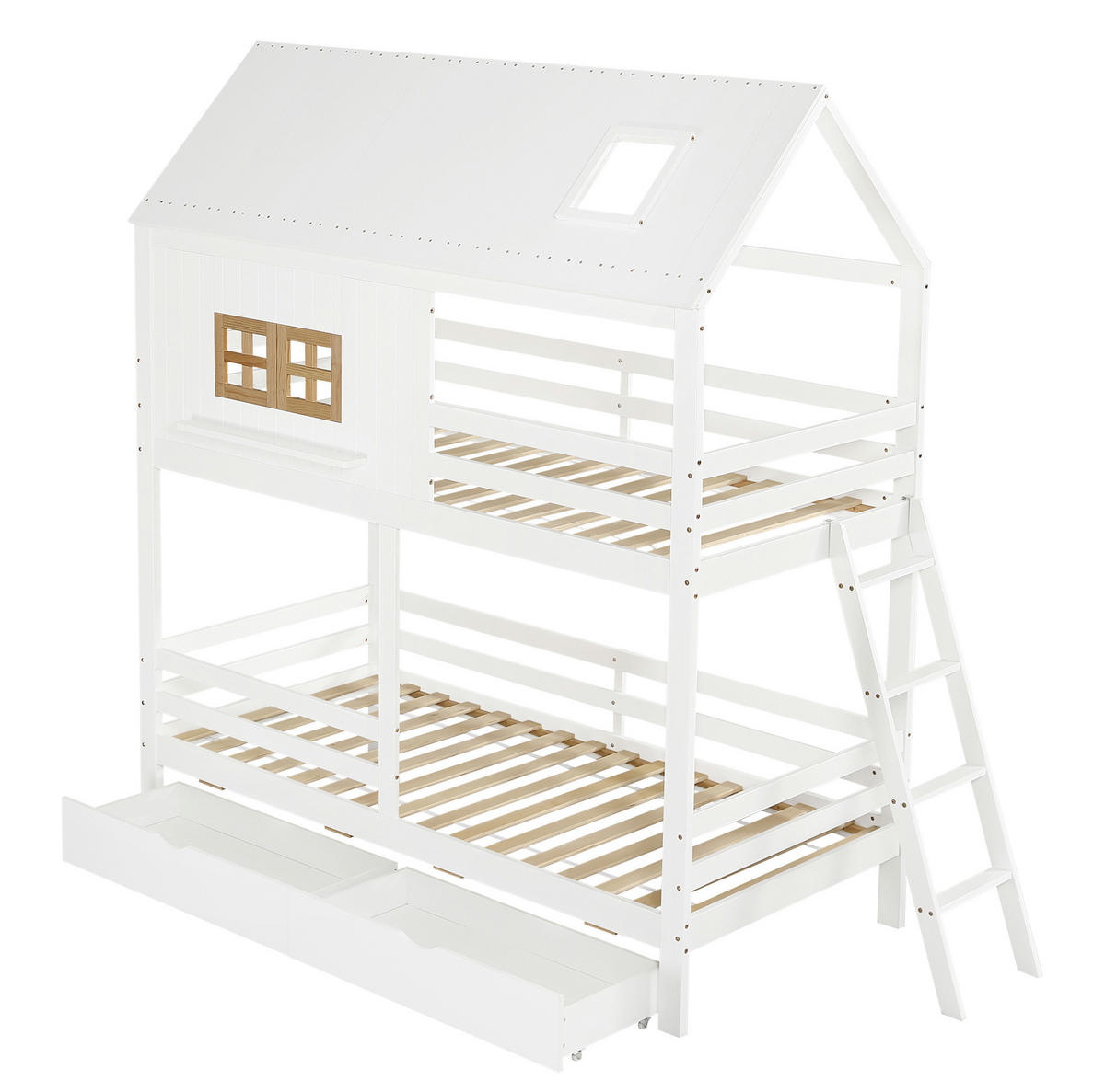 ETAGENBETT 90/200 cm weiß und natur aus Kiefer mit Fenster und Dach - Weiß, Holz (90/200cm) - OKWISH
