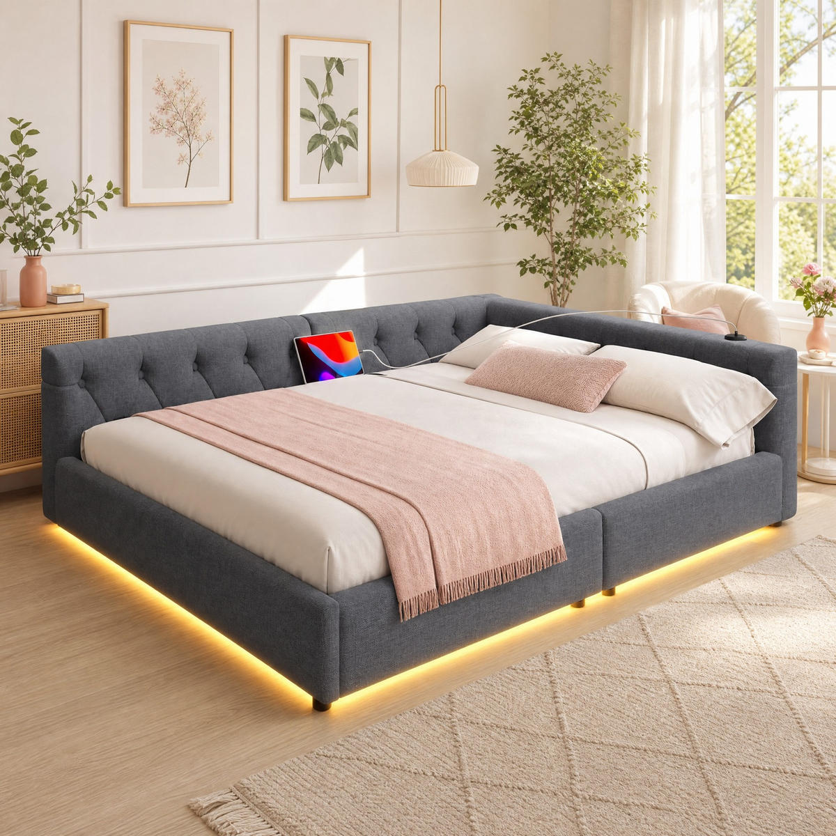 POLSTERBETT 140/200 mit 7-farbiger LED, USB/Type-C, Lattenrost und Knopftuft-Kopfteil in Grau - Grau, Holzwerkstoff/Textil (140/200cm) - EVRYAE