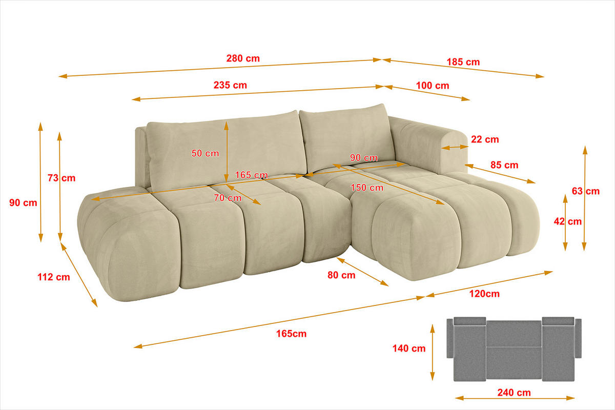 ECKSOFA Ottomane Rechts CLOUD-L 280x185x90 Beige Velours - Beige, Holzwerkstoff/Kunststoff (185/280cm) - ALTDECOR