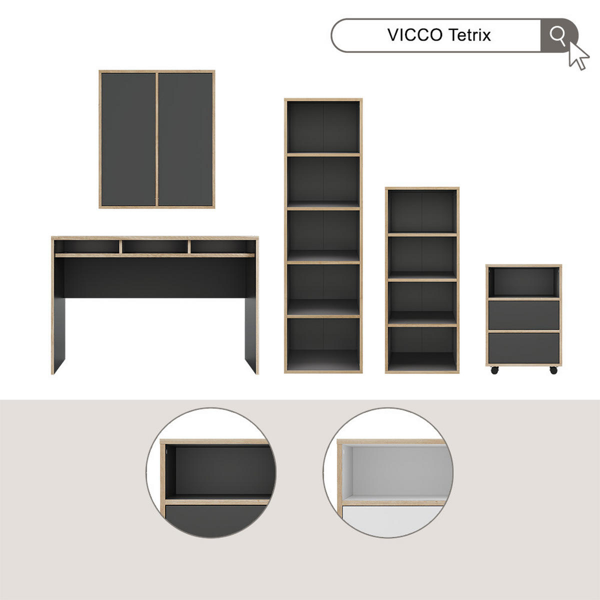 STĚNOVÁ POLICE Tetrix Antracit - antracitová/béžová, kompozitní dřevo (63/75/40cm) - Vicco