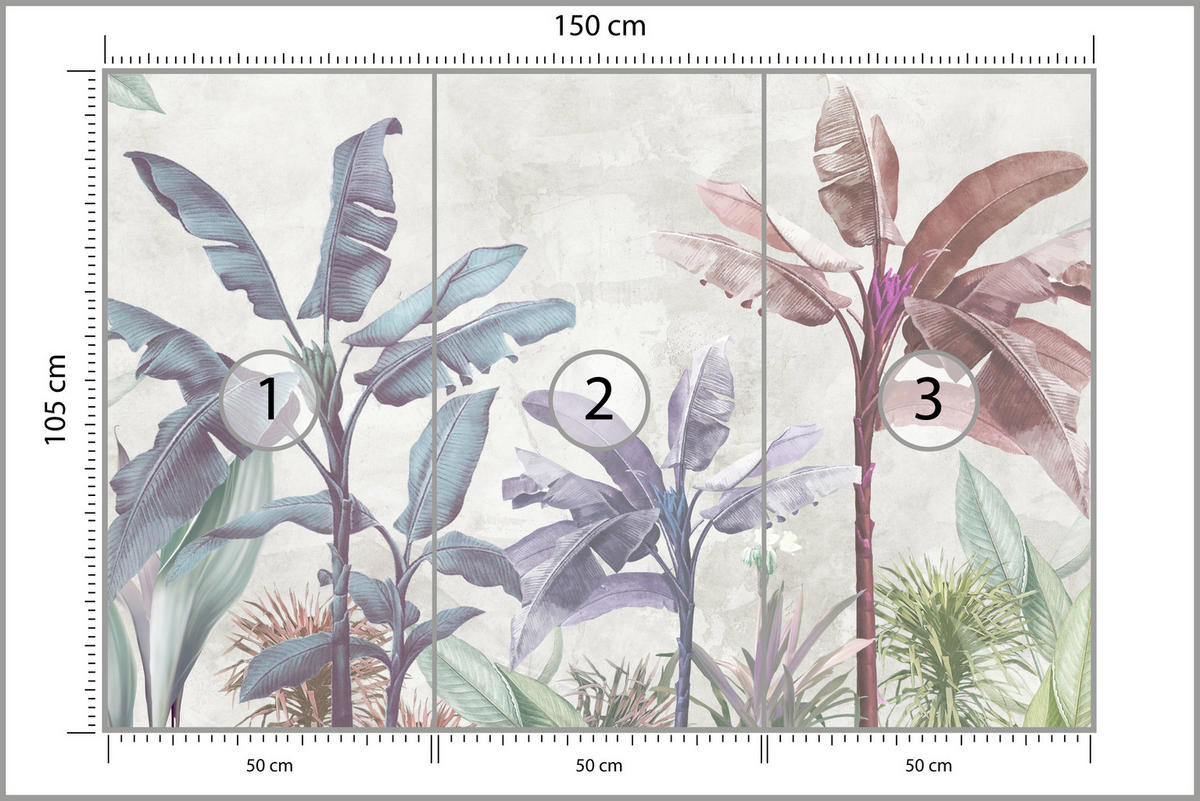 FOTOTAPETE für Schlafzimmer Bunte Bananenblätter Tropen Bäume 150x105 - Beige/Rot, Papier (150/105cm) - Muralo