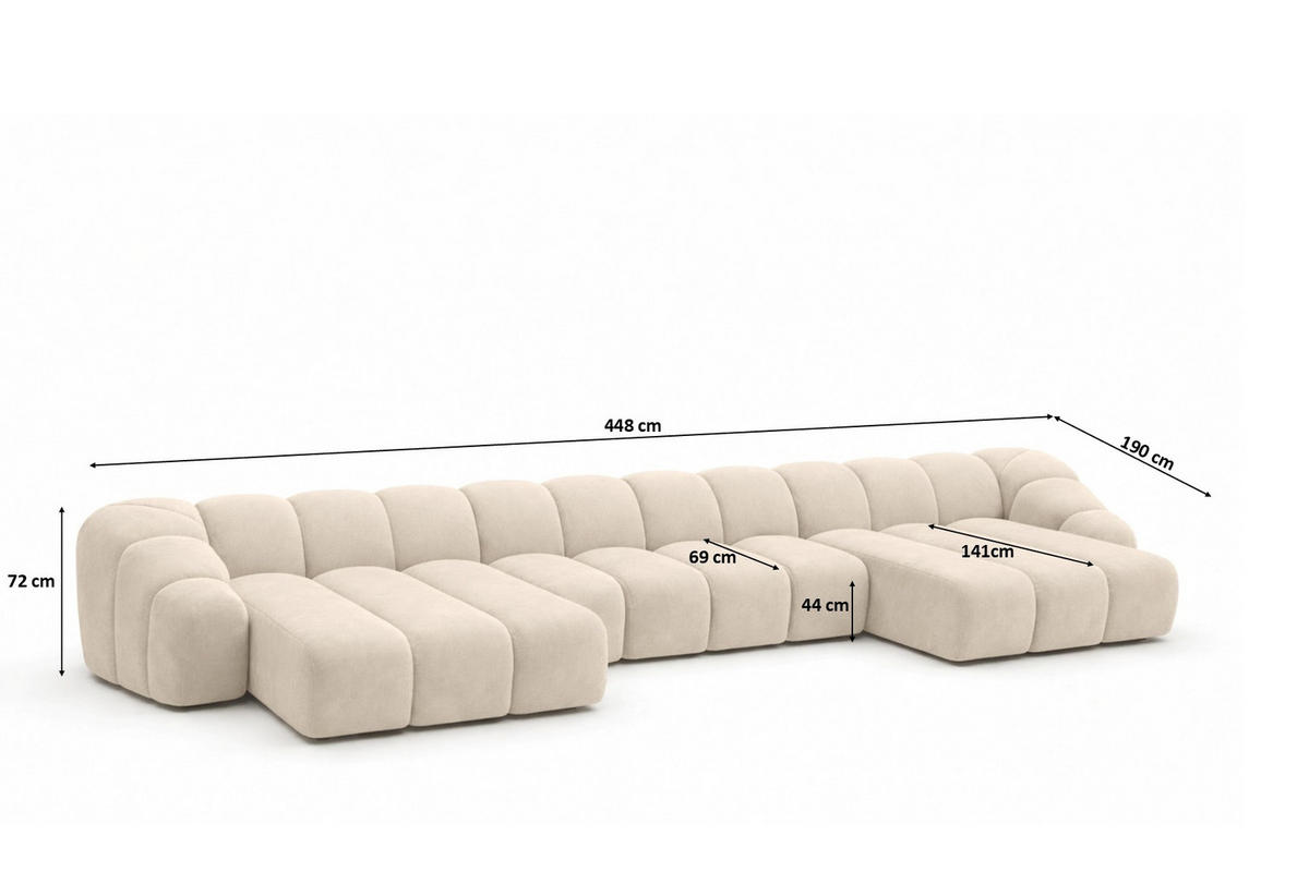 ECKSOFA Modulare U-Form, Veloursstoff Bluvel, Creme, CROISSANT U XL - Creme, Holz (448/72/190cm) - Kaiser Möbel