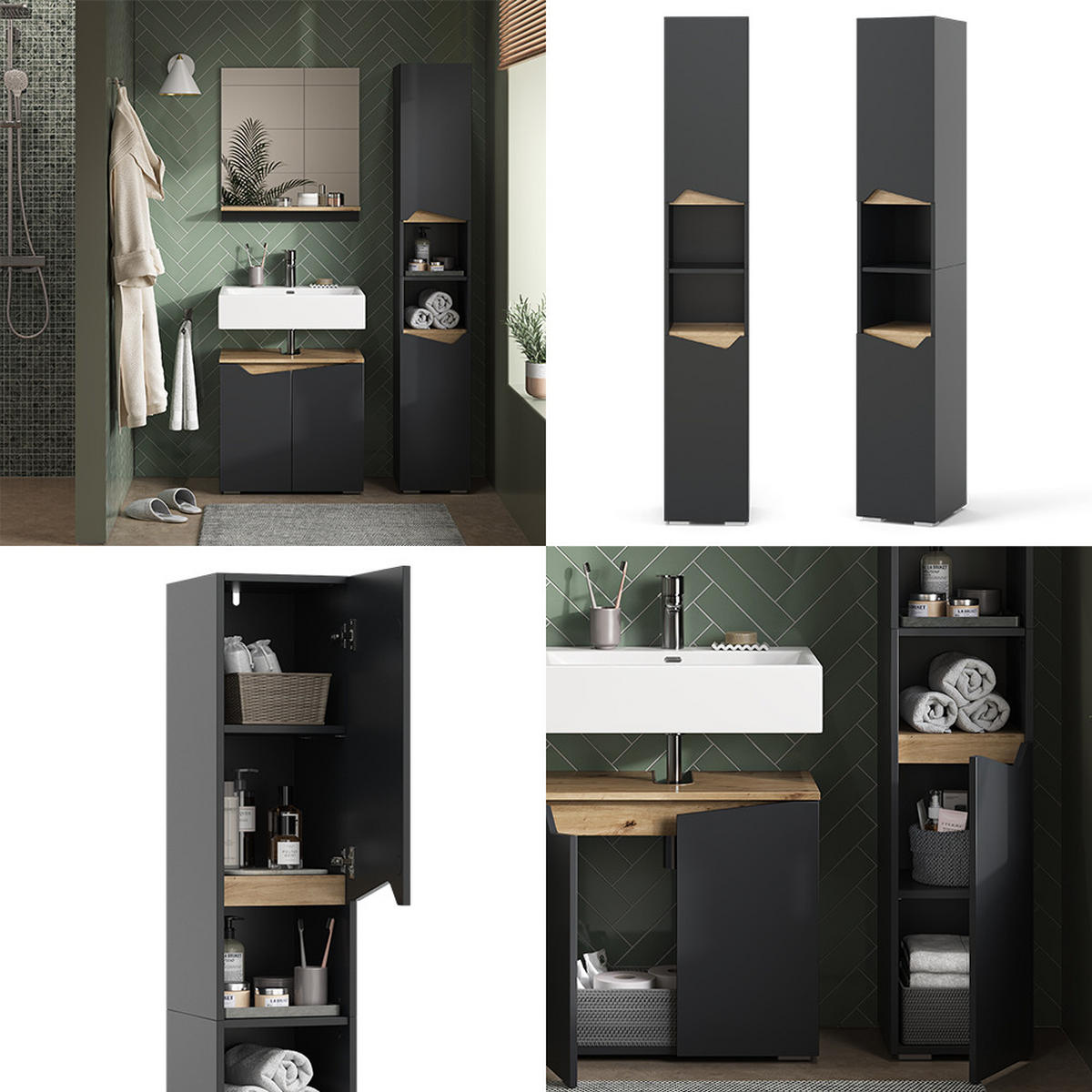 BADSCHRANK Marelle Anthrazit 30 x 180 cm mit Türen und offenen Fächern - Anthrazit, Holzwerkstoff (30/180/35cm) - Vicco