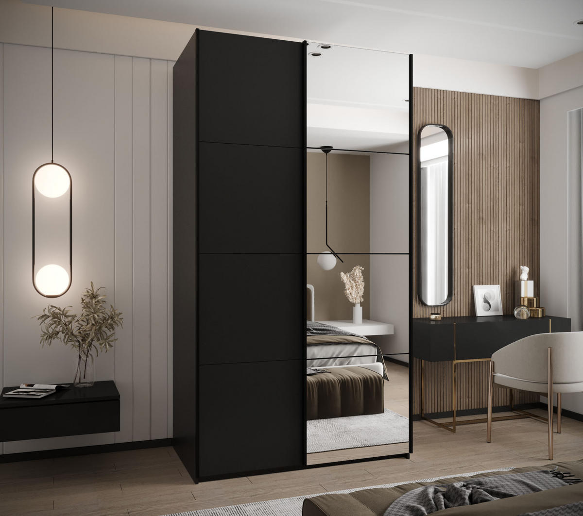 SCHWEBETÜRENSCHRANK 245,5/140/64 2-türig - Schwarz, Holz/Metall (140/245/64cm) - Abiks Möbel