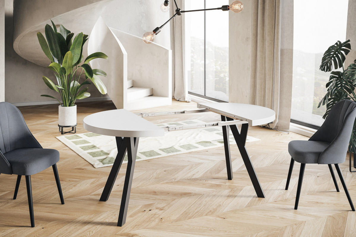 ESSZIMMERTISCH OVO, ausziehbarer Tisch 110 cm bis 210 cm, Farbe: Weiß, mit Holzbeinen in Farbe Schwarz - Schwarz/Weiß, Holzwerkstoff (110/110/77cm) - Alpi-Möbel