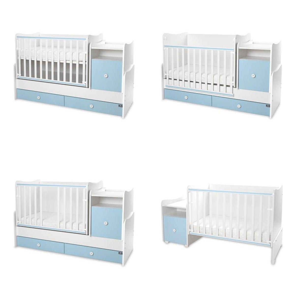 BABYBETT Trend Plus weiß blau 110 x 62 cm, 70 x 160 cm, Schaukelfunktion, Kommode, Schubladen - Blau, Holzwerkstoff (62/110cm) - Lorelli