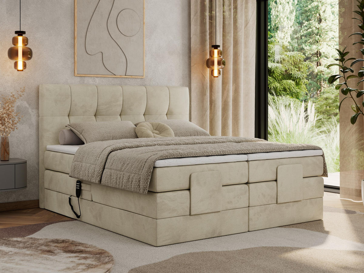 BOXBETT VITTORIA 140/200 - Beige Velvet - H3 - Beige, Holz/Textil (140/200cm) - MKS