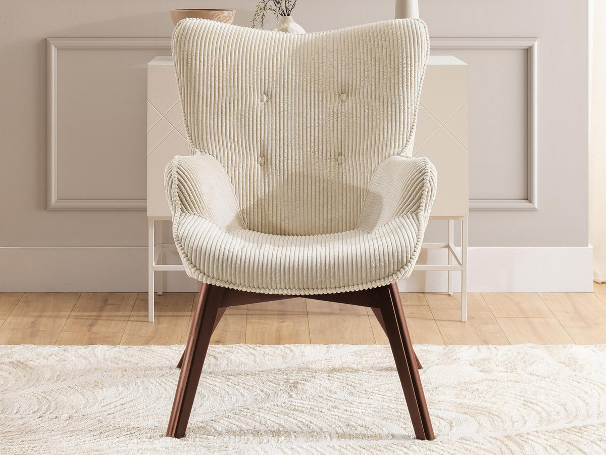 LOUNGESESSEL mit Fußhocker Lenari Beige Cordstoff mit Füßen in Braun - Beige/Braun, Holz/Textil (71/96/86cm) - S-Style Möbel