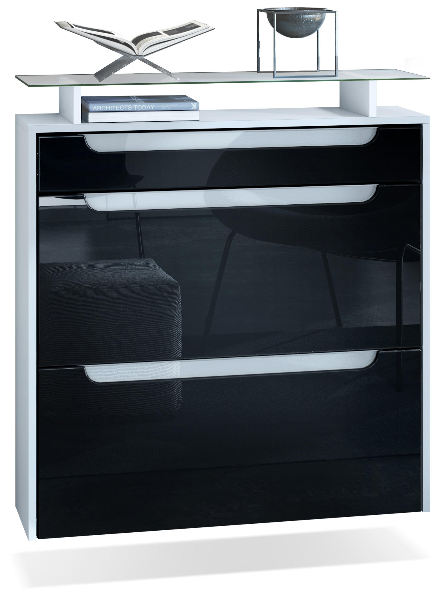 Vladon Schuhschrank Schwarz Hochglanz, Weiß 89x96x23 cm