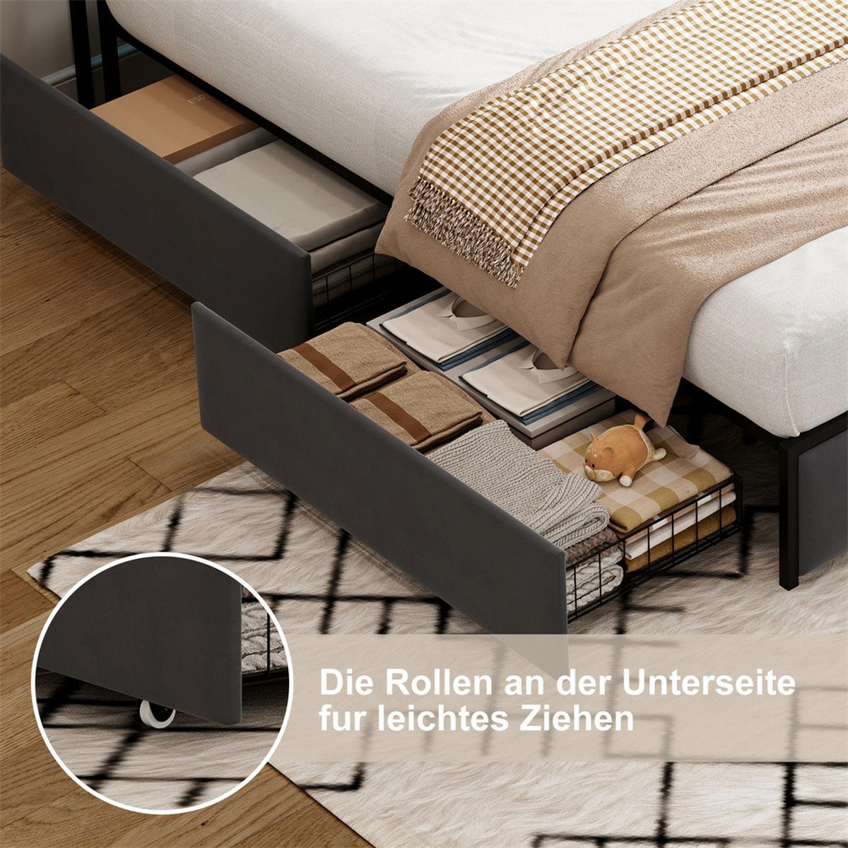 POLSTERBETT 160x200 cm - Doppelbett mit Stauraumkopfteil - 4 Schubladen und LED-Beleuchtung - ohne Matratze - Grau - Grau, Textil (160/200cm) - DELFA